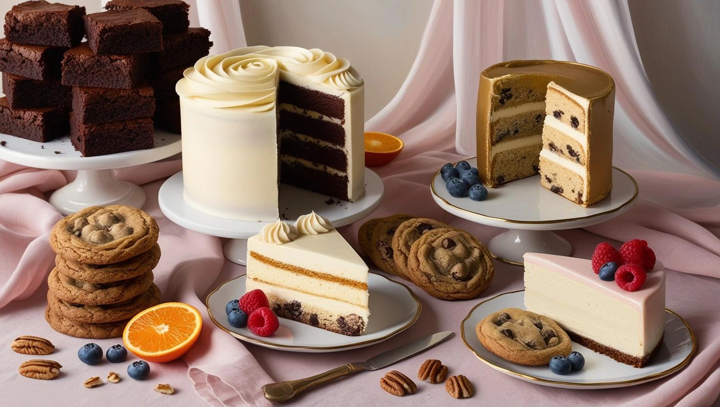 A whimsical, home bakery backdrop featuring an arrangement of brownies, a slice of cake with a decorative swirl of icing, assorted cookies, a slice of cheesecake, fresh fruits (such as berries and sli (1)