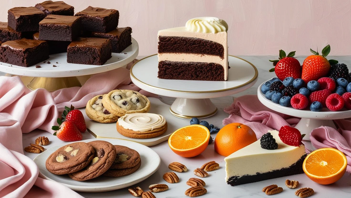 A whimsical, home bakery backdrop featuring an arrangement of brownies, a slice of cake with a decorative swirl of icing, assorted cookies, a slice of cheesecake, fresh fruits (such as berries and sli (2)