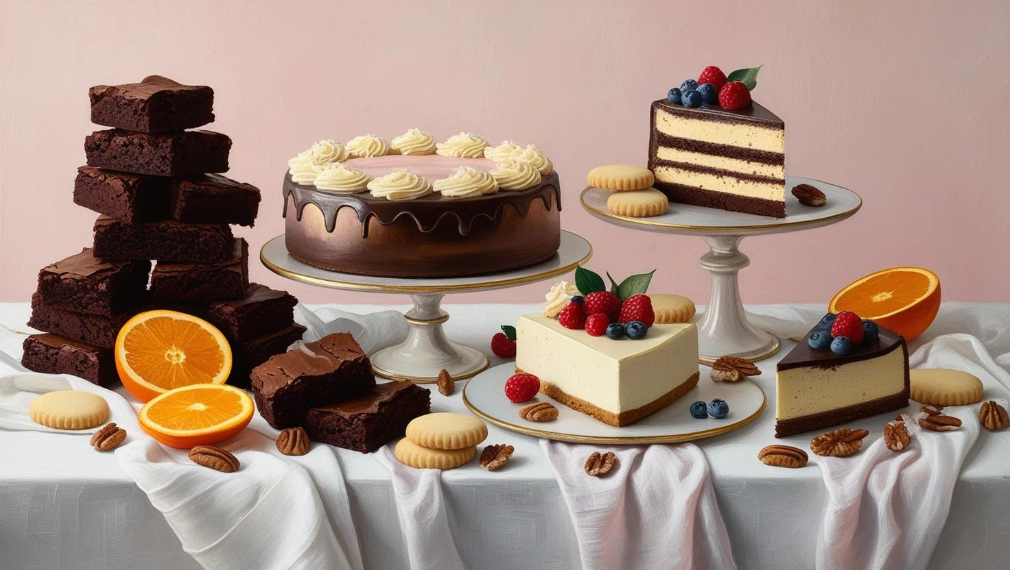 A whimsical, home bakery backdrop featuring an arrangement of brownies, a slice of cake with a decorative swirl of icing, assorted cookies, a slice of cheesecake, fresh fruits (such as berries and sli (3)