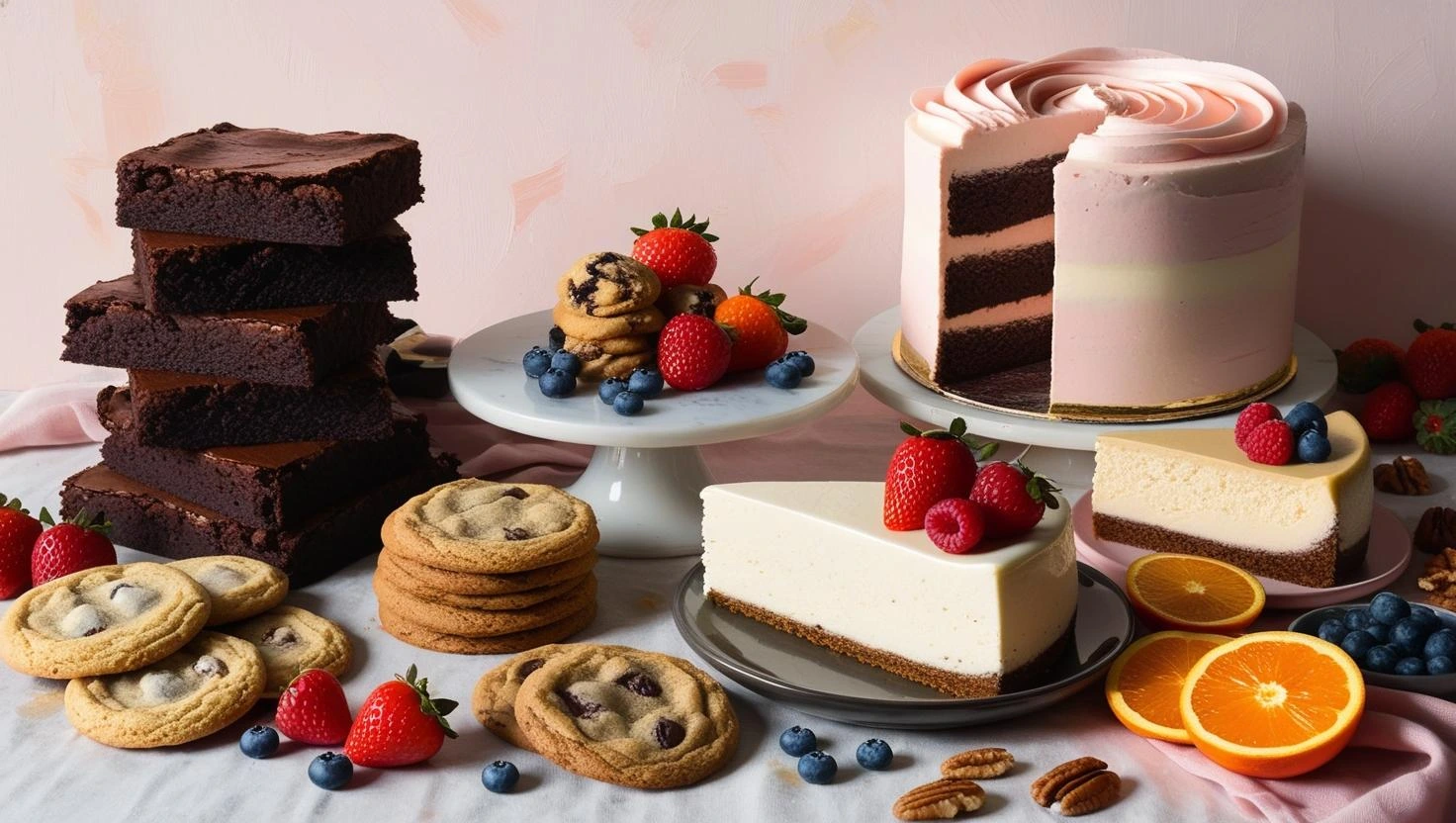 A whimsical, home bakery backdrop featuring an arrangement of brownies, a slice of cake with a decorative swirl of icing, assorted cookies, a slice of cheesecake, fresh fruits (such as berries and sli