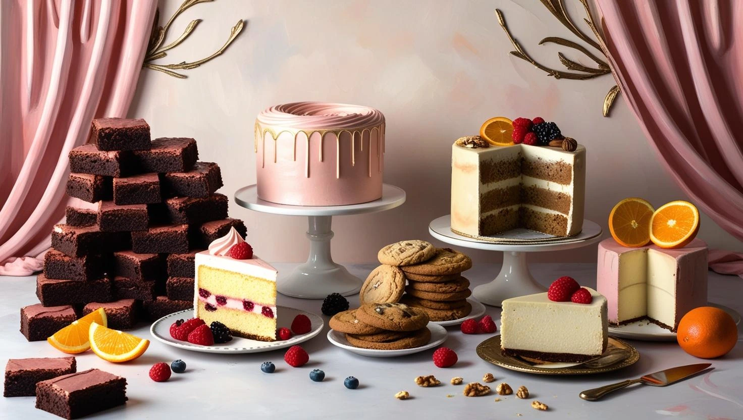 Create - a backdrop for home bakery with some brownies, cake slice, cookies, cheesecake, some fruits and nuts with below command and color pallete__ Whimsical Twist_Design Elements_ Playful details (1)