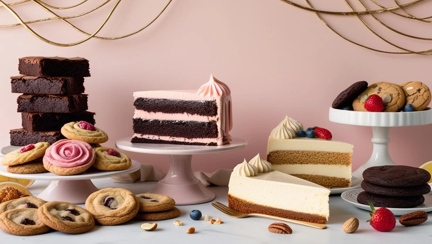 Create - a backdrop for home bakery with some brownies, cake slice, cookies, cheesecake, some fruits and nuts with below command and color pallete__ Whimsical Twist_Design Elements_ Playful details (2)